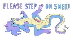 3_toes 4_fingers anthro ass balls begging blep blue_body blue_scales english_text erection fangs feet fingers foot_fetish foot_focus genitals gesture hair hand_gesture hi_res humanoid_genitalia long_hair looking_at_viewer lying male navel nude on_back penis pleading_eyes pointing pointing_at_face pointing_at_self presenting presenting_penis purple_body purple_hair purple_scales raised_foot raised_leg reptile scaled_penis scales scalie signature simple_background smile snake snek!_(character) soles solo solo_focus spread_legs spreading step tail tan_balls tan_body tan_scales teeth text thessus_(artist) toes tongue tongue_out ventral_scales