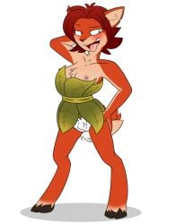 activision anthro blush breasts brown_hair clothed clothing cloven_hooves crotch_tuft deer elora faun_(spyro) female fur genitals hair hand_on_butt hi_res hooves leaf_clothing mammal mostly_nude mythological_creature mythology nipples no_underwear partially_clothed pussy red_body red_fur ryofox630 scut_tail short_tail solo spyro_the_dragon tail tongue tongue_out tuft unguligrade