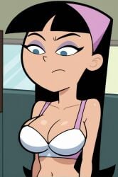 ai_generated bangs black_hair blue_eyes bra breasts cleavage closed_mouth dark_skin female long_hair medium_breasts navel solo underwear upper_body white_bra