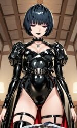 1girls ai_generated atlus attic bare_thighs belt black_belt black_latex black_latex_armwear black_latex_garter_straps black_latex_legwear black_latex_leotard black_latex_thighhighs black_lips black_lipstick black_nail_polish black_nails blunt_bangs bob_cut brown_eyes choker cleavage cleavage_cutout cleavage_window dark_blue_hair dark_brown_eyes dominant dominant_female eyeliner female femdom garter_straps goth goth_girl hair_covering_ears half-closed_eyes high_leg_leotard japanese_female lamps latex latex_armwear latex_clothing latex_dress latex_legwear latex_leotard latex_thighhighs leotard light-skinned_female light_skin long_sleeves looking_at_crotch looking_at_viewer looking_down_at_viewer mature_female megami_tensei nail_polish necklace pale-skinned_female pale_skin persona persona_5 persona_5_royal puffy_shoulders puffy_sleeves purple_eyeshadow red_lining sega shin_megami_tensei shiny shiny_body shiny_breasts shiny_clothes shiny_hair shiny_skin shiny_thighs short_hair silver_necklace small_smile spiked_choker standing standing_female tae_takemi thigh_strap thigh_straps thighhighs thighs underworld_queen unimpressed waist_cape