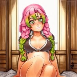 2025 ai_generated artist_name braid breasts crazyfishbones female green_eyes kanroji_mitsuri kimetsu_no_yaiba long_hair multicolored_hair pink_hair solo
