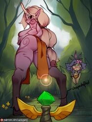 2girls ass barefoot barely_visible_genitalia barely_visible_pussy big_breasts blush blush breasts cactigang celestial_(league_of_legends) english english_text female female_only from_below from_below_view hooves horn horned_female horned_humanoid imminent_dildo_insertion imminent_dildo_sitting imminent_penetration improvised_dildo improvised_sex_toy league_of_legends loincloth long_hair looking_back looking_down neeko patreon patreon_url patreon_username purple_skin riot_games shapeshift shapeshifter sideboob soraka tagme text thick_thighs transformed transformed_female vastaya very_long_hair vision_ward white_hair wide_eyed