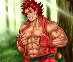 1boy abs artist_request bara bare_pecs beads beefy belt biceps big_areola big_nipples big_pecs blush clenched_teeth collarbone erect_nipples fingerless_gloves forest forked_eyebrows gay gloves grabbing grabbing_own_pec grabbing_pecs grass grin hi_res huge_pecs hunk karate_gi kazuki_kazama looking_down looking_pleasured male male_only masculine_male masturbation mature_male muscles muscular muscular_arms muscular_male navel no_visible_genitalia open_clothes oppai outdoors pecs red_eyes red_hair samurai_shodown short_hair six_pack sleeveless snk solo squeezing squeezing_pec standing sweat sweatdrop sweating sweaty thick_arms tough_guy triceps yaoi