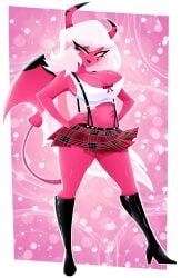 2d boots breasts busty busty_female cleavage commission demon demon_girl demon_horns demon_tail eyeliner female hand_on_hip hands_on_hips heart_tattoo heels helluva_boss high_heel_boots high_heels horn horns huge_breasts lipstick long_hair looking_at_viewer miniskirt pink_body pink_eyes pleated_skirt school_uniform schoolgirl sensual sexy skimpy skimpy_clothes skirt solo solo_female straps succubus suspenders tail tattoo thick_thighs thighs topwear verosika_mayday_(helluva_boss) very_long_hair western_cartoon white_hair wings xan-gelx(xan) yellow_sclera