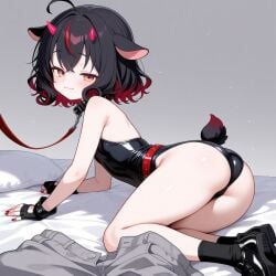 1girls adorable ai-created ai_art ai_generated ai_generated_background all_fours ass ass_focus ass_up ass_up_high azazel_(tinypacky) bed bedroom behind_view bell_collar birthmark black_fingerless_gloves black_fingernails black_gloves black_hair black_legwear civitai cute demon demon_girl demon_horns fallen_angel female fingerless_gloves from_behind gray_legwear gray_pants hands_and_knees horn horns leotard looking_at_viewer looking_back on_bed pants_removed sheep_ears sheep_girl sheep_horns sheep_humanoid sheep_tail smug smug_expression smug_eyes smug_face solo tail tinypacky white_pupils yellow_eyes