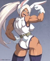 1girls animal_ears animal_tail ass back_muscles big_breasts bodypaint breasts bunny_ears bunny_tail female functionally_nude functionally_nude_female gloves hair hand_on_hip handwear looking_back loquillo miruko muscles muscular muscular_female my_hero_academia nipples ponytail red_eyes rumi_usagiyama smile tail thick_thighs thighs tied_hair white_hair
