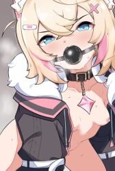 animal_ears ball_gag bandaid bandaid_hair_ornament black_jacket blonde_hair blue_eyes breasts collar cropped_jacket dog_ears dog_girl english_commentary female fur-trimmed_jacket fur_trim gag hair_ornament headphones headphones_around_neck highres hololive hololive_english hololive_english_-advent- jacket kududama mococo_abyssgard mococo_abyssgard_(1st_costume) multicolored_hair nipples pink_hair saliva small_breasts solo streaked_hair sweat virtual_youtuber x_hair_ornament