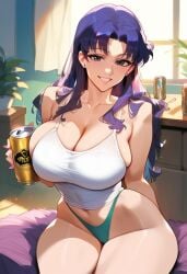 1girls 2d ai_generated beer beer_can big_breasts camisole female female_focus female_only indoors katsuragi_misato long_hair misato_katsuragi neon_genesis_evangelion panties purple_hair shirt solo solo_female solo_focus tagme