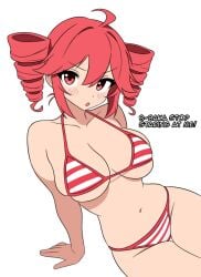 1girls 2d 2d_(artwork) ahoge annoyed big_breasts bikini blush blush blush_lines breasts curvy curvy_female curvy_figure dialogue english_dialogue english_text female female_only huge_breasts kasane_teto large_breasts navel red_eyes red_hair shinyy_luna sitting skindentation slim_waist small_waist solo solo_female speaking_to_viewer striped_bikini talking_to_viewer text thick_thighs thigh_gap thighs tsundere twin_drills utau wide_hips