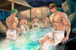 5boys abs absurdres armpit_hair armpit_hair_peek bara barst_(fire_emblem) blonde_hair blue_hair chest_hair clothed comic commission dieck_(fire_emblem) dunbans eyepatch facial_hair fire_emblem fire_emblem:_mystery_of_the_emblem fire_emblem:_the_binding_blade fire_emblem:_the_sacred_stones fire_emblem_echoes:_shadows_of_valentia gerik_(fire_emblem) goatee green_hair highres in-franchise_crossover jesse_(fire_emblem) large_pectorals male_focus male_only males_only multiple_boys muscular muscular_male nipples onsen pectorals saber_(fire_emblem) scar scar_on_face short_hair sitting towel towel_around_waist variant_set