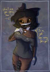 big_breasts black_bow black_hair black_sclera cyn_(murder_drones) cyntessa_(murder_drones) female female_focus female_only glitch_productions hairbow murder_drones never_goon nightmare_waifu robot robot_girl robot_humanoid skinsuit t-shirt talking_to_viewer thick_thighs wide_hips x-shaped_pupils yellow_eyes