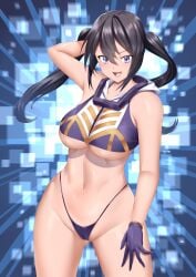 1girls big_breasts blush breasts duel_monster female gloves grey_hair happy i:p_masquerena looking_at_viewer nipple_peek nipple_slip thick_legs thick_thighs thong twintails underboob yu-gi-oh!