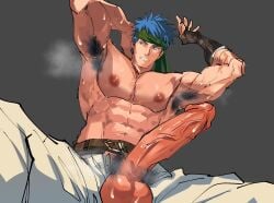 1boy abs armpit armpit_hair armpits balls bara belt blue_eyes blue_hair boner commentary english_commentary erection fire_emblem fire_emblem:_radiant_dawn headband highres ike_(fire_emblem) large_pectorals large_penis male male_focus male_only male_pubic_hair muscular muscular_male musk nioseptem nipples paid_reward_available pants pectorals penis penis_out pubic_hair short_hair simple_background solo solo_male sweat sweating testicles topless_male