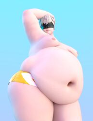 1boy 3d belly bhm big_belly blindfold blue_background fat fat_male hanging_belly huge_belly light-skinned_male light_skin looking_down male male_only moobs nier nier:_automata obese obese_male overweight overweight_male short_hair solo thick_thighs trap white_hair yorha_9s zazkinkart