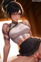 1girls ai_generated akali black_skirt female female female_only high_ponytail league_of_legends looking_away medium_breasts no_panties patreon pleated_skirt ponytail pussy salupai sitting skirt solo solo_female spread_legs topwear uncensored watermark yellow_eyes