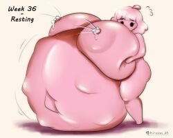 artist_name barefoot blush fetal_movement full_body giant_thicc_soft_gf_(hiruson) gigantic_belly gigantic_breasts hiruson hyper_pregnancy lactation original original_character pregnant sequence shocked standing thick_thighs wide_hips worried