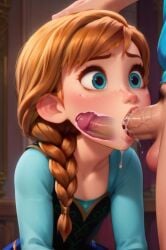 ai_generated blue_eyes blush braid cum cum_in_mouth fellatio female freckles long_hair oral penis straight tongue