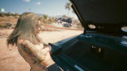 3d arms_crossed beach body_tattoo cyberpunk_2077 game_screenshot medium_hair nipples no_source screenshot tattoos topless topless_female v_(cyberpunk_2077) valerie_(cyberpunk_2077) vehicle white_hair