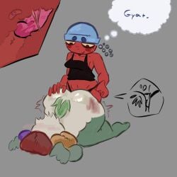 1boy 1boy1girls 1girls big_ass blush blush_lines chubby_male dandy's_world dandy_(dandy's_world) female gigi_(dandy's_world) hand_mark hand_on_ass male pegging pink_dildo self_upload shake_lines tagme tagme_(artist) tail