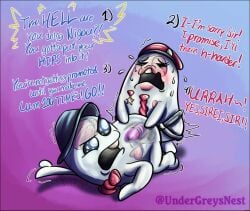 bed_sheet beret braid closed_eyes dildo english_text gradient_background hat heart mascot necktie nigou_(hundred_line) open_mouth purple_background sex sex_from_behind sirei_(hundred_line) star_(symbol) strap-on sweat teeth the_hundred_line_-last_defense_academy- transparent upper_teeth_only