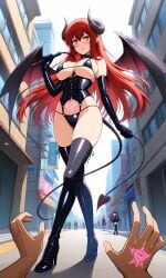 1boy 2girls ai_generated bangs bare_shoulders bikini black_bikini black_footwear black_gloves black_legwear black_thighhighs blush boots breasts building choker city cleavage closed_mouth clothing command_spell corset cross-laced_clothes demon_girl demon_horns demon_tail demon_wings dominatrix elbow_gloves female footwear gloves high_heel_boots high_heels holding horns large_breasts latex legwear long_hair looking_at_viewer male micro_bikini multiple_girls navel original outdoors pointy_ears pov_hands pubic_tattoo red_eyes red_hair revealing_clothes road shoes smile solo_focus standing succubus swimsuit tail tattoo thigh_boots thighhighs thighs wings