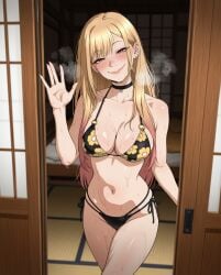 1girls after_sex ai_generated bed bedroom bikini blonde_hair breasts caught cheating cheating_girlfriend choker crossed_legs door doorway fake_smile female floral_print human japanese_female kitagawa_marin light-skinned_female light_skin makeup multicolored_hair netorare ntr piercing pink_eyes solo solo_female sono_bisque_doll_wa_koi_wo_suru stable_diffusion steamy_breath sweat sweaty thong vooluxx waving