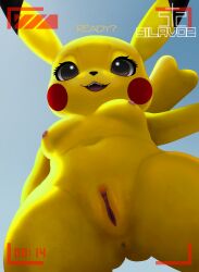 anthro anus breasts brown_eyes female generation_1_pokemon genitals hi_res looking_at_viewer looking_down low-angle_view mammal navel nintendo nippel open_mouth pikachu pokemon pokemon_(species) pussy recording rodent silavos sky smile solo spread_pussy spreading teeth text watermark yellow_body