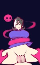 akumu_(glitchtale) bete_noire betty_noire big_breasts big_breasts black_hair blue_eyes blue_shirt futanari glitchtale grey_hair holding_thighs jessica_grey kumu monster_arm monster_girl pussy yazu_(artist)
