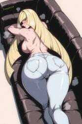 ai_generated ass ass_focus ass_up backboob bent_over blonde_hair blush blush couch female female_focus green_eyes jeans long_hair looking_at_viewer looking_back looking_back_at_viewer lusamine_(pokemon) lying nintendo pokemon sofa solo solo_female solo_focus steam steamy_breath sweat sweatdrop sweating sweaty_body thick_thighs topless topless_female zerolayer