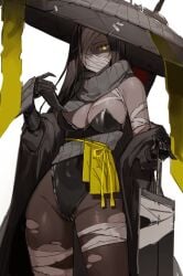 bandages black_hair breasts breasts brown_skin bunnysuit hat limbus_company long_hair project_moon ripped_pantyhose scarf sword thick_thighs thighs yellow_eyes zilu_(limbus_company)