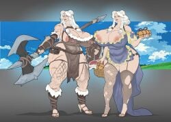 2girls 69_(artist) breasts feet female gilf granny grey_hair marshviolet8 nipples old old_woman warrior