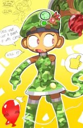 animate_inanimate anthro armwear ass balloon big_ears bloon bloons_tower_defense blush blush_lines bodily_fluids breasts brown_body brown_eyebrows brown_fur bulge camo camo_clothing camo_print clothing countershading cute_fangs dress elbow_gloves english_text erection eyebrows eyelashes fangs femboy fur gloves goatboydraws green_clothing handwear haplorhine hat headgear headwear hi_res inflatable legwear long_tail male mammal monkey ninja_kiwi pattern_clothing pink_tongue primate pupils red_eyes small_breasts sniper_monkey_(bloons) speech_bubble sweat sweatdrop tail tan_body tan_countershading tan_inner_ear teeth teeth_showing text thick_eyebrows thigh_highs tongue