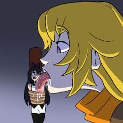 2d 2d_(artwork) 2d_artwork 2girls black_hair blake_belladonna blonde_hair bow bow_tie bowtie digital_drawing_(artwork) digital_media_(artwork) duo duo_female duo_focus female female_only female_victim forced_yuri giant giantess grossed_out licking licking_face light-skinned_female light_skin long_hair looking_down purple_eyes rwby shippart shrunken shrunken_female size_difference tongue tongue_out torture trying_to_resist victim victim_female yang_xiao_long yellow_eyes yuri