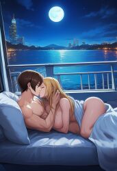 after_orgasm after_sex after_sex_cuddling ai_generated b._jenet couple couple_(romantic) cuddling cuddling_up_together fatal_fury hug king_of_fighters kissing kissing_after_sex kyo_kusanagi romantic romantic_couple yacht