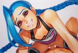 1boy 2025 ai_generated artist_name braid cowgirl_position crazyfishbones female jinx_(league_of_legends) long_hair sex straddling straight
