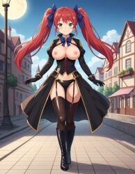 ai_generated bangs black_clothes black_footwear black_gloves black_legwear black_panties black_thighhighs black_underwear blue_bow blue_bowtie blue_sky blush boots bow bowtie breastless_clothes breasts breasts_out building city cityscape clock_tower closed_mouth clothing cloud corset cross-laced_footwear day female female female_only footwear full_moon garter_straps gloves green_eyes groin hair_ornament hair_ribbon hairbow hairclip high_heels hiiragi_takane juliet_sleeves knee_boots lace-up_boots lamppost large_breasts legwear lingerie long_hair long_sleeves looking_at_viewer medium_breasts moon navel nee_chanto_shiyou_yo night night_sky nipples open_clothes outdoors panties pantsu ponytail puffy_long_sleeves puffy_sleeves red_hair ribbon shirt shoes showgirl_skirt shrug_(clothing) skirt sky smile solo standing thigh_boots thighhighs thighhighs_under_boots thighs tree twintails underbust underwear very_long_hair waist_cape