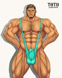 bara boner buff bulge bulge_through_clothing bulge_through_swimsuit erection male male_only mankini penis penis_exposed sexy sexy_pose solo solo_male toto_(artist) turquoise_mankini underwear