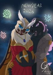 2025 anthro arthropod big_breasts clothed_anthro digital_drawing_(artwork) digital_media_(artwork) duo english_description english_text female female_anthro fireworks full-length_portrait godzilla godzilla_(series) hi_res4_arms holidays insect_wings insects kaiju lepidopteran lepidopteran_wings looking_at_viewer male male/female monsterverse moth mothra mothra_(series) multi_arm new_year open_mouth overlord_gabriel reptile romantic_couple scalie text toho wholesome wings