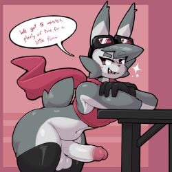 anthro balls baronflint bent_over big_penis clothing crop_top crossed_arms dialogue english_text eyewear eyewear_on_head femboy genitals goggles goggles_on_head grey_body humanoid_genitalia humanoid_penis lagomorph legwear leporid male mammal penis pink_background rabbit scarf shirt simple_background solo speech_bubble text thick_penis thick_thighs thigh_highs topwear