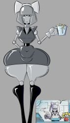 1girls black_leggings blank_expression bob_cut bow cum_in_cup female grey_body grey_dress hiroshimaloco receptionik robot_girl rosy_cheeks solo sonic_(series) wide_hips