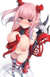 astaroth_(nanatsu_no_taizai) bangs bare_shoulders between_breasts blush breasts commentary_request demon_girl demon_horns eyebrows_visible_through_hair fanart female fingerless_gloves flower from_above full_body gloves guitar hat horns instrument large_breasts long_hair looking_at_viewer minamon_(vittel221) monster_girl navel nipples no_bra octagram panties pink_hair pointy_ears red_eyes red_gloves revealing_clothes shiny shiny_skin simple_background sin_nanatsu_no_taizai standing striped striped_legwear striped_panties thighhighs top_hat underwear white_background