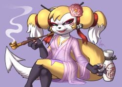 2021 accessory alcohol anthro asian_clothing bandai_namco bell beverage breasts clothing colored_nails crossed_legs digimon digimon_(species) east_asian_clothing fan_character female flower flower_in_hair forked_tail fur hair hair_accessory heterochromia hybrid impmon japanese_clothing kimono kiseru nails navel nipples pink_nails plant renamon renimpmon renimpmon_x ribbons robe sake shortstack sitting smoking smoking_pipe solo tail thegantian tokkuri translucent translucent_clothing unusual_anatomy unusual_tail yellow_body yellow_fur