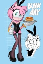 1girls amy_rose animal_ears animal_nose anthro bangle bangs bare_shoulders black_footwear black_leotard black_thighhighs blush body_fur bracelet breasts bunny_ears bunnysuit cleavage closed_mouth clothing covered_navel english_language english_text eulipotyphlan fake_animal_ears female food footwear fur furry furry_female gloves green_eyes hairband hand_on_own_hip hand_up happy headwear hedgehog hedgehog_ears high_heels holding holding_object holding_plate holding_tray jewelry knees_together_feet_apart legwear leotard light_blush looking_at_viewer makeup mammal nose_blush open_mouth pancake pancake_stack pantyhose pink_fur pink_hair pink_skin plate playboy_bunny rabbit_ears shiny_clothes shiny_skin shoes short_hair sidelocks small_breasts smile solo sonic_(series) sonic_the_hedgehog_(series) standing strapless strapless_leotard tail text thighhighs tray two-tone_fur white_gloves