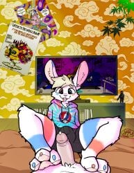 3_toes anthro barefoot bean_bag bed bedroom big_ears blonde_hair blue_eyes blue_markings bodily_fluids bottomwear cartoon_network casual_clothing claws clothed clothing colored_nails colored_toenails cum digital_media_(artwork) digitigrade duo ed_edd_n_eddy electronics english_text erection eye_contact fallout feet foot_fetish foot_focus foot_play footjob fur furniture genital_fluids genitals grateful_dead hair hi_res hindpaw hoodie lagomorph leporid looking_at_another looking_at_viewer lounging male male/male mammal markings microsoft multicolored_body multicolored_fur nails nude open_mouth pants partially_clothed pastel_clothing pawpads paws penis pink_pawpads poster pov_footjob precum protectron_(fallout) psychedelic rabbit red_markings relaxing sansalembic_(artist) sex sitting smile sugaree television text tie-dye toenails toes tongue topwear two-footed_footjob white_body white_fur