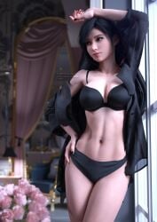 1girls 3d 3d_(artwork) 3d_model 3d_render against_window asian asian_female black_hair black_underwear blouse bra button_down_shirt final_fantasy final_fantasy_vii final_fantasy_vii_rebirth final_fantasy_vii_remake fit fit_female highres hourglass_figure light-skinned_female light_skin living_room long_hair mornign mrs.akanes open_blouse painted_nails panties red_eyes tifa_lockhart underwear window