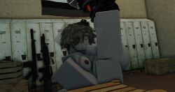 1boy 1girls 3d ass breasts drooling fellatio female frogmaya grey_skin gun guns kneeling_oral_position lockers male military nipples oral oral_sex penis roblox roblox_game robloxian self_upload tagme wayward_outpost