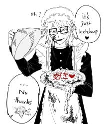 2boys 97ttwwaazz apron blood blood_on_face cowboy_shot crossdressing english_text glasses highres holding holding_plate intestines looking_at_viewer maid maid_apron male male_focus mixed-language_text multiple_boys oerba_yun_fang plate randal's_friends randal_ivory sebastian_de_tomato_smith_chicken_legs serving_dome short_hair simple_background spot_color translation_request white_background