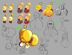 animal_only anus ass ball_with_hyper_features balls bikini_top breasts brown_shoes grey_background hiroshimaloco huge_ass huge_breasts mario_(series) mario_and_luigi_(series) nipple_piercing nipples open_mouth penis piercing pussy reference_sheet smile star starlow tongue tongue_out yellow_body