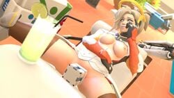 3d animated blonde_hair breasts female mechanical_halo mercy nipples no_sound overwatch sitting solo source_filmmaker staff video white-crow