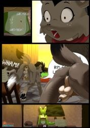 animal_genitalia anthro anus ass balls belly big_balls big_breasts big_butt big_penis black_hair bottomless breasts brown_body brown_fur canid canine closed_eyes clothed clothing comic comic_panel dialogue digital_drawing_(artwork) digital_media_(artwork) digital_painting_(artwork) duo fox full-length_portrait fur genitals green_body green_fur green_hair gynomorph hair hi_res holt_(spoogiehowl) hyena intersex looking_back mammal muscular navel open_mouth painting_(artwork) pawpads penis portrait scarf sheath shocked speech_bubble spoogiehowl story surprise tail tan_body tan_fur thick_thighs tongue